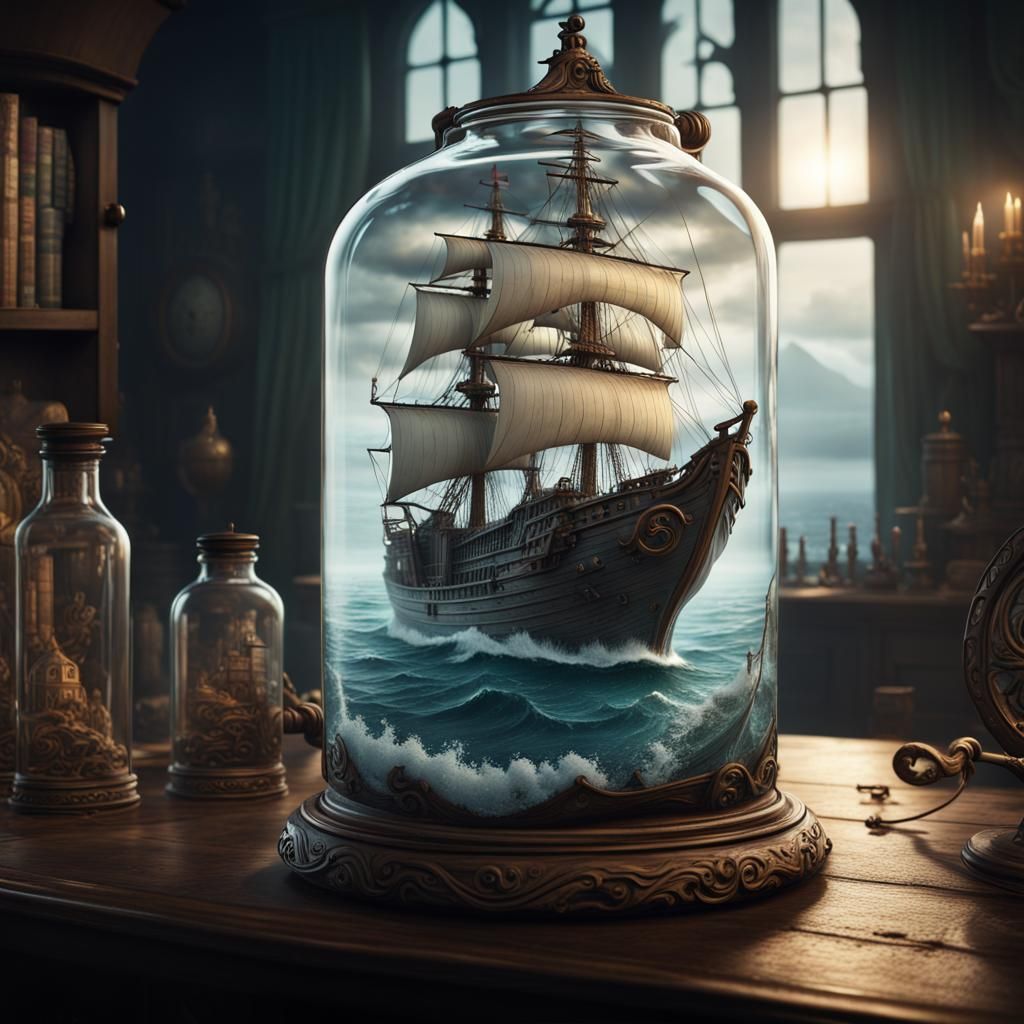 Kraken Attacks Ship in Glass Bottle