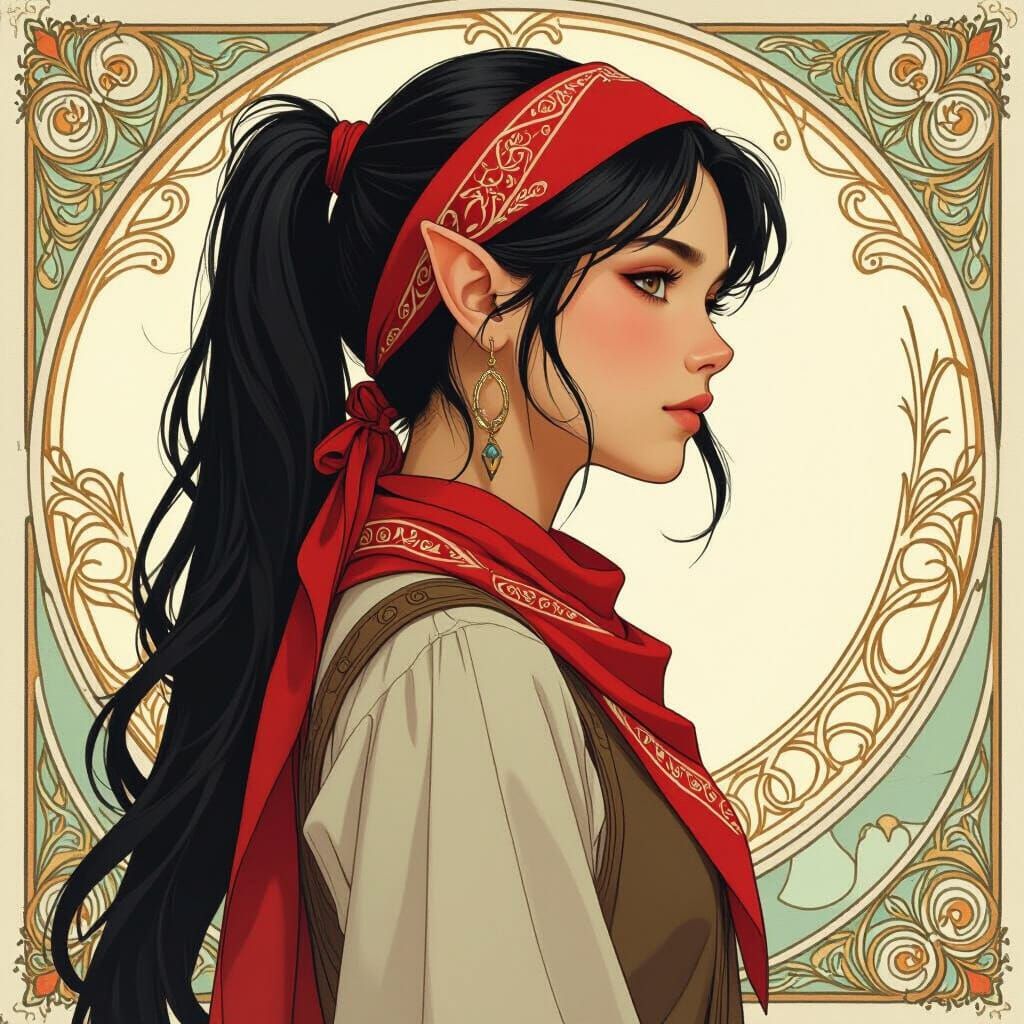 Half-Elf Girl with Red Bandana and Black Ponytail