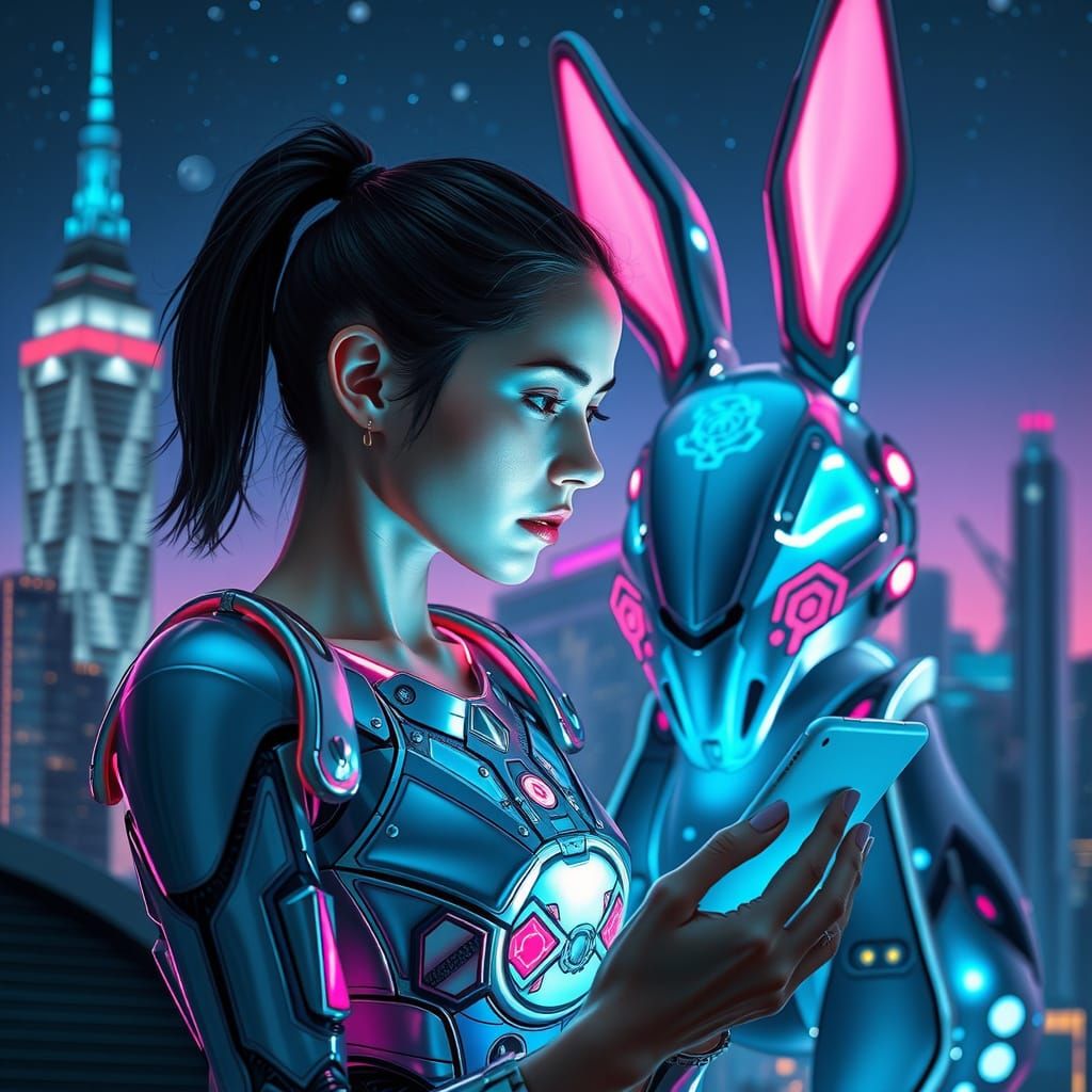 Girl and Futuristic Robot Rabbit in Cyberpunk Cityscape