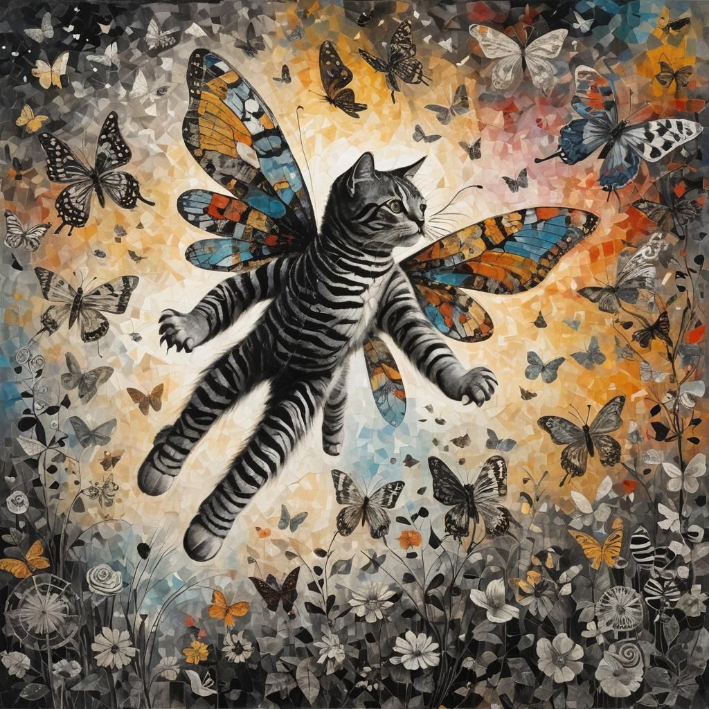 Zebra striped cat in a Million butterfly dreamscape, making wishes , Salvador Dali collaboration Paul Klee , Picasso's...