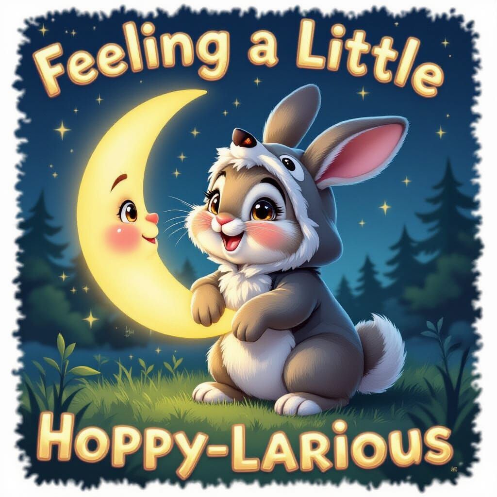 Fluffy Rabbit in Werewolf Costume Howling at Moon