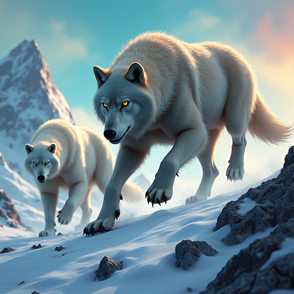 Hyperrealistic Wolf Chase on Snowy Mountain