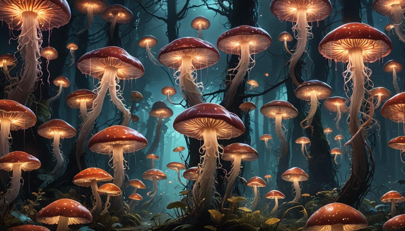 Glowing Jellyfish Mushrooms in Moonlit Forest