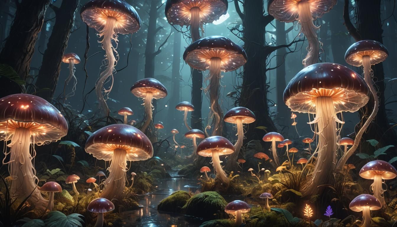 Glowing Jellyfish Mushrooms in Moonlit Forest