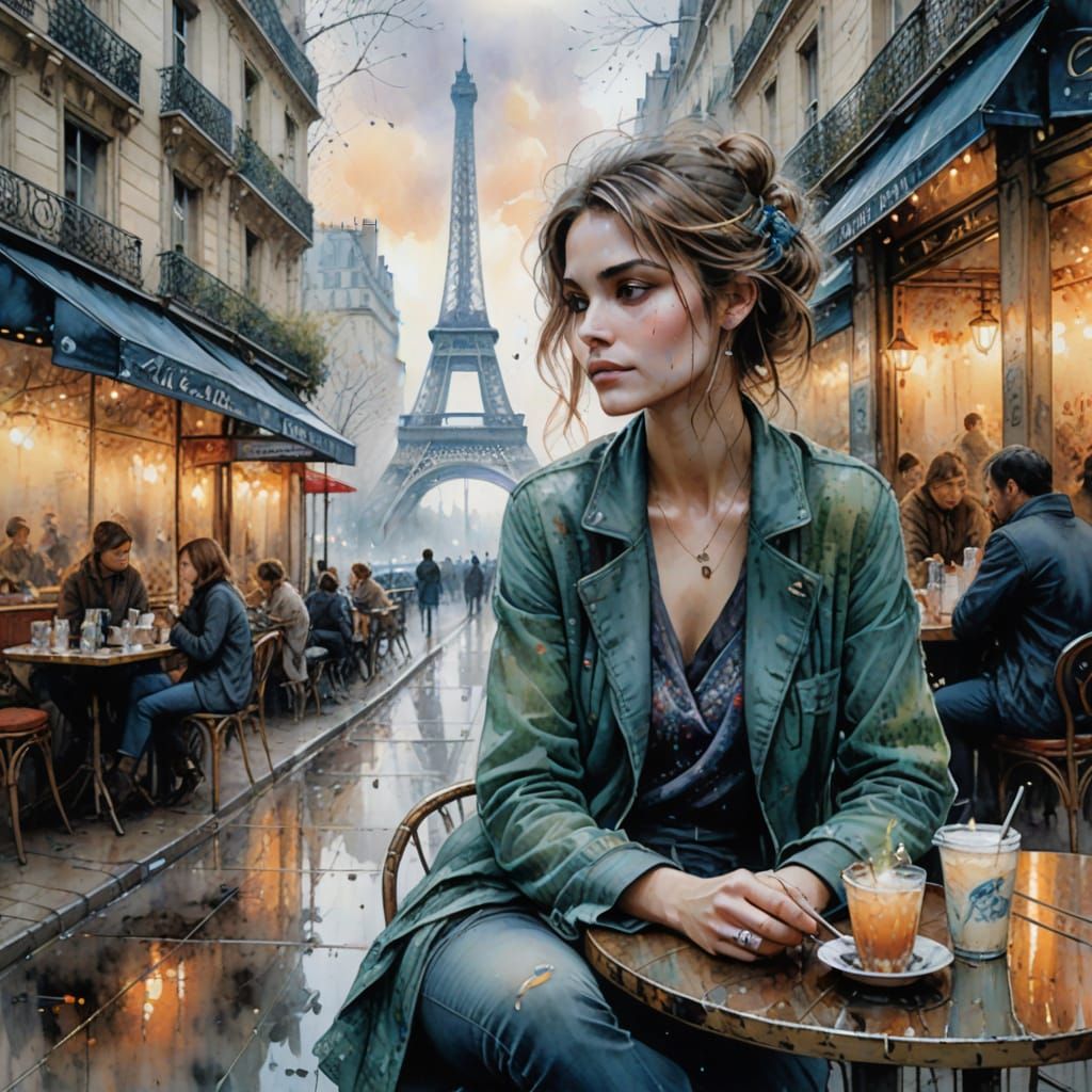 Ethereal Woman at Parisian Cafe in Misty Atmosphere