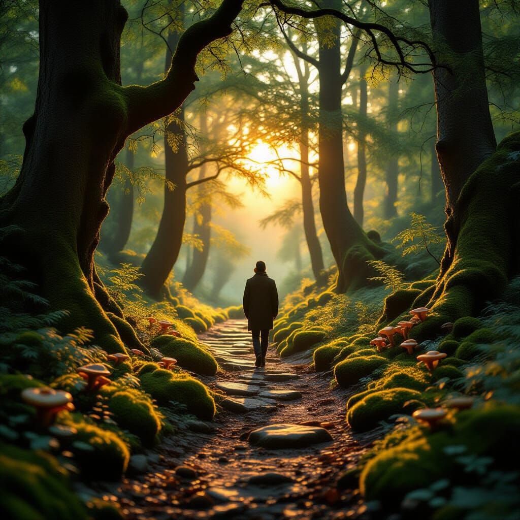 Surreal Forest Path at Sunset in Photorealistic Style