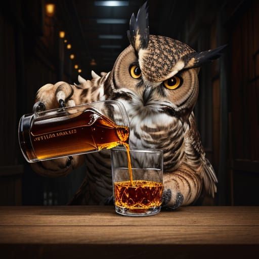 Whiskey Bottle Pours Liquid on Owl in Alleyway