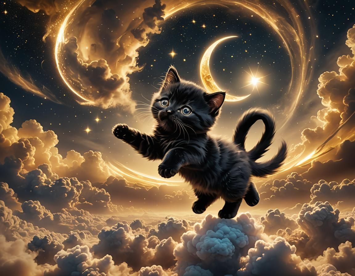 Celestial Kitten Playing in Golden Astronomical World