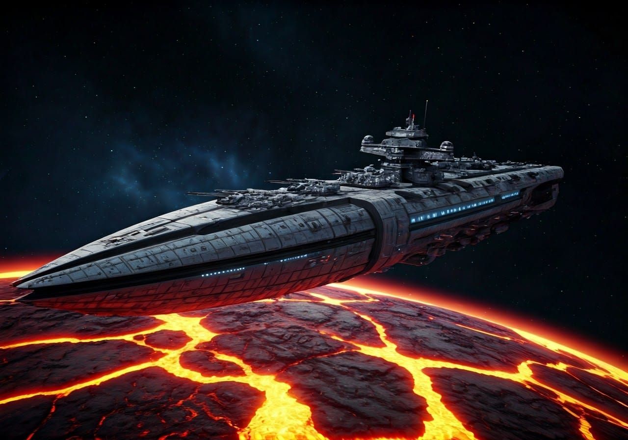 Epic Space Warship in Lava Planet Orbit