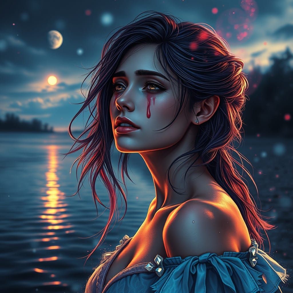 Spectral Woman Mourns by Moonlit Lake in Triadic Colors Art