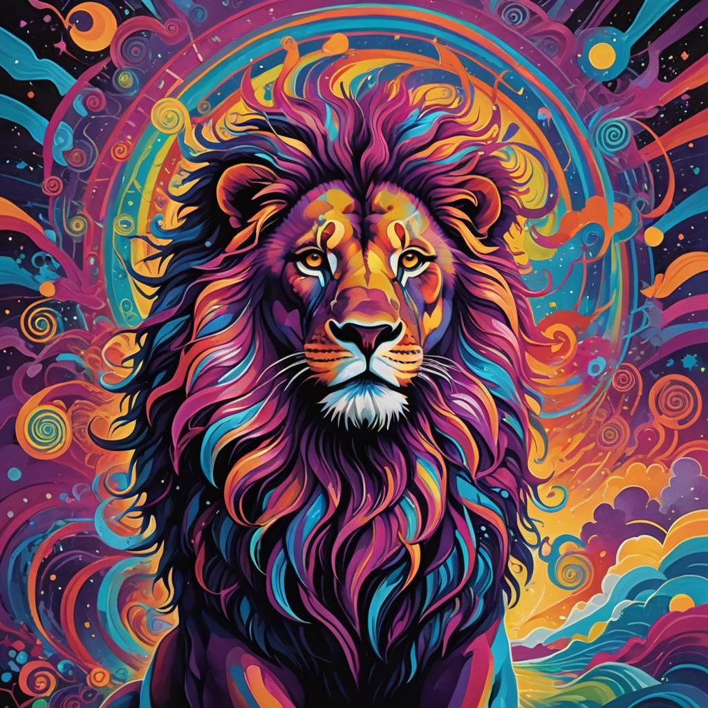 Psychedelic Lion Portrait Under Rainbow Sun