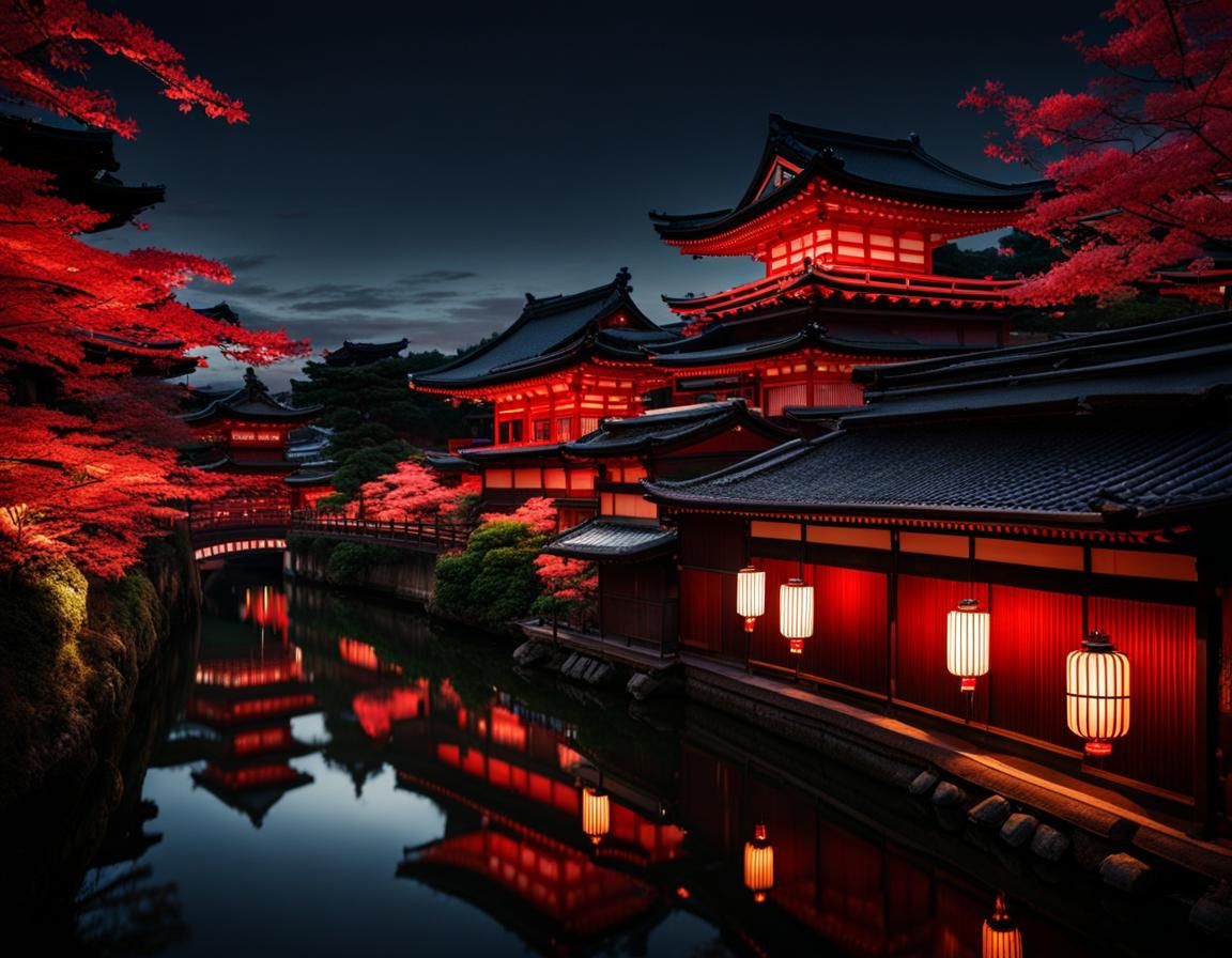 Kyoto Canal at Night with Red Bridge
