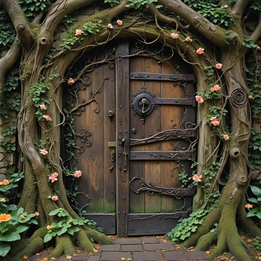 Enchanted Doorway with Glowing Tree in Fantasy Art