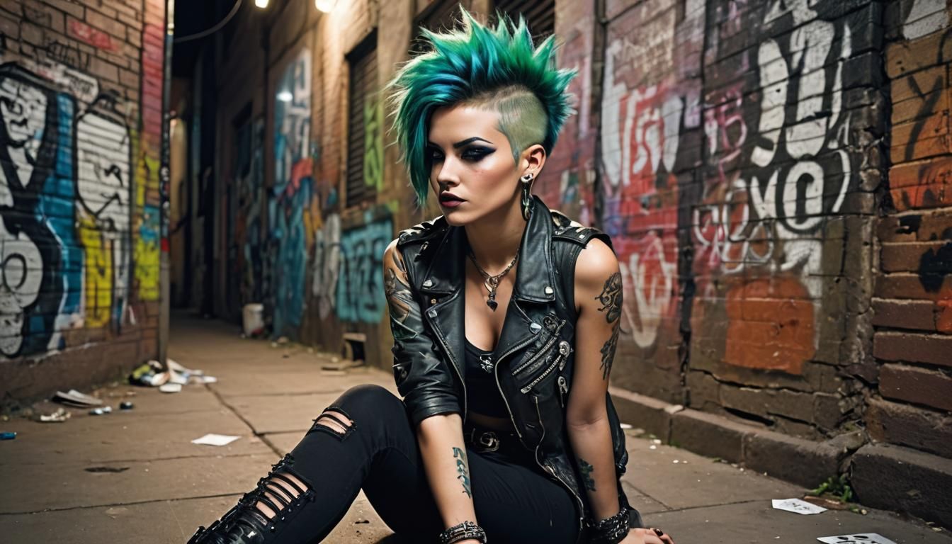 Punk Woman in Graffiti Alley with Neon Lights