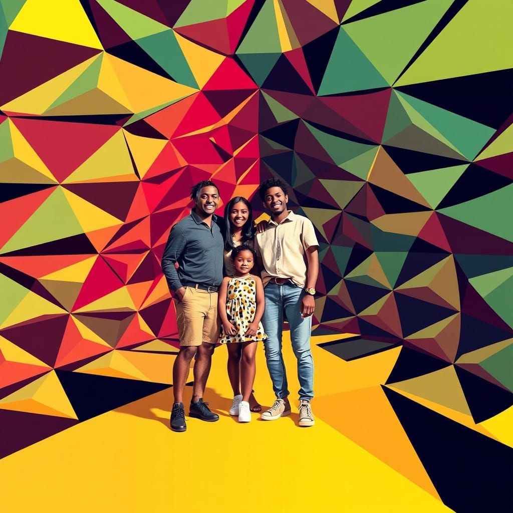 Family Surrounded by Geometric Patterns in Vibrant Colors