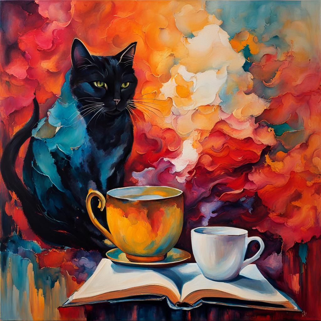 Abstract Cat with Tea Cup and Open Book