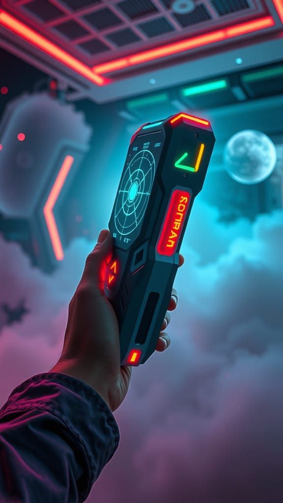 Sleek Futuristic Radar Device in Neon-Lit Laboratory