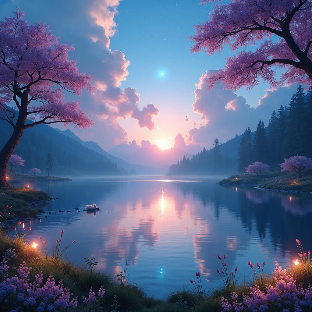 Dreamlike Lakeside Scene with Magical Reflection