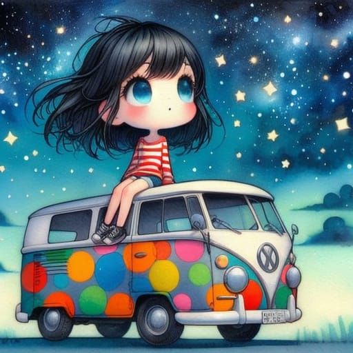 Whimsical Pop Surrealism Girl Sitting on a Polka-Dotted Van ...