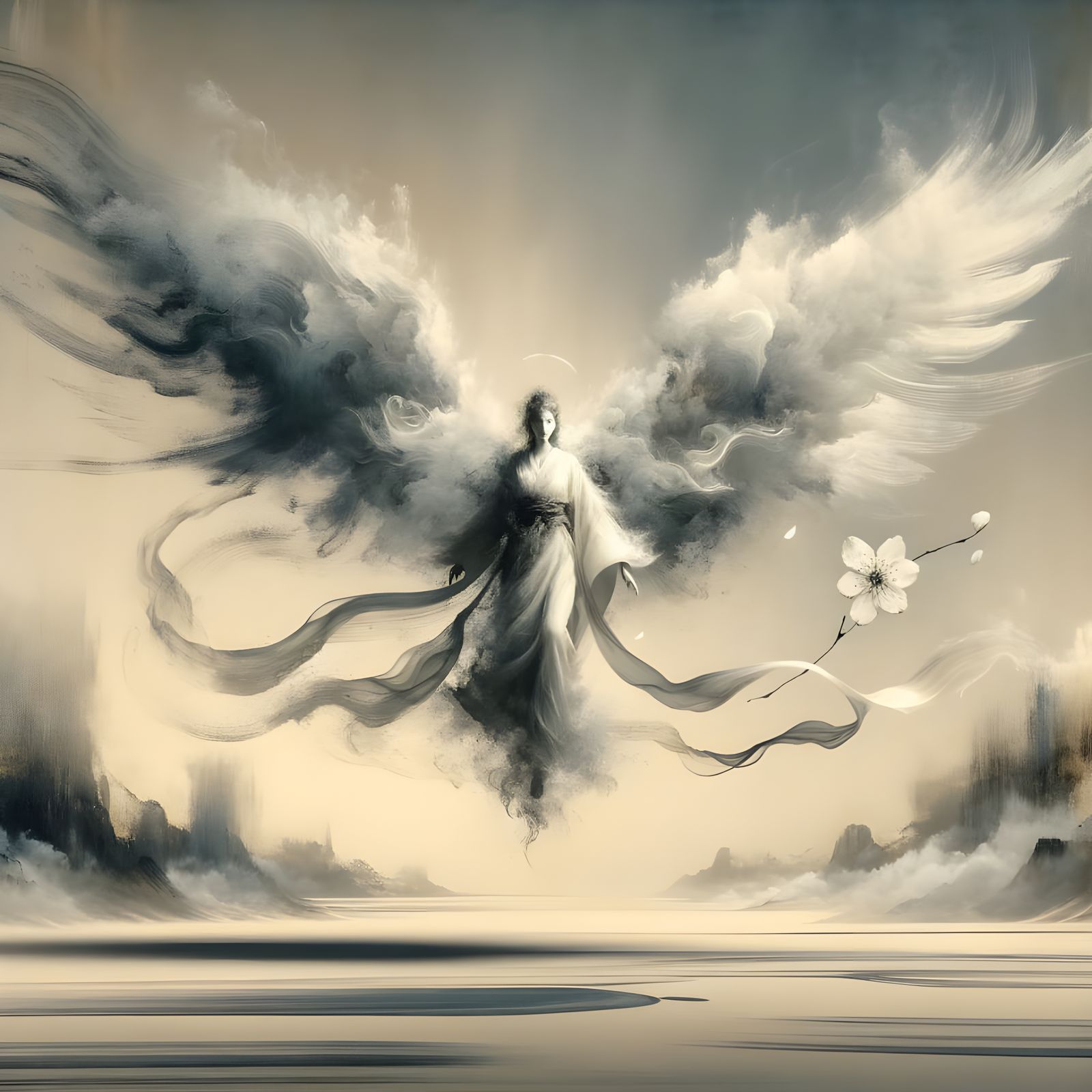 Archangel Descends in Sumi-e Style