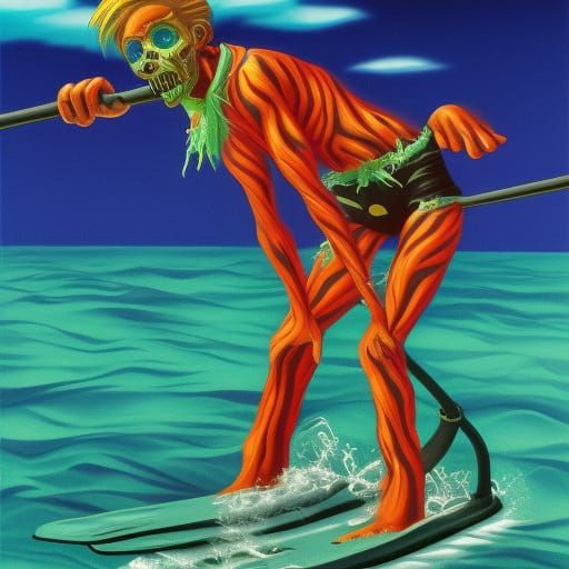 Vaporwave Zombie Waterskiing in Surreal Style