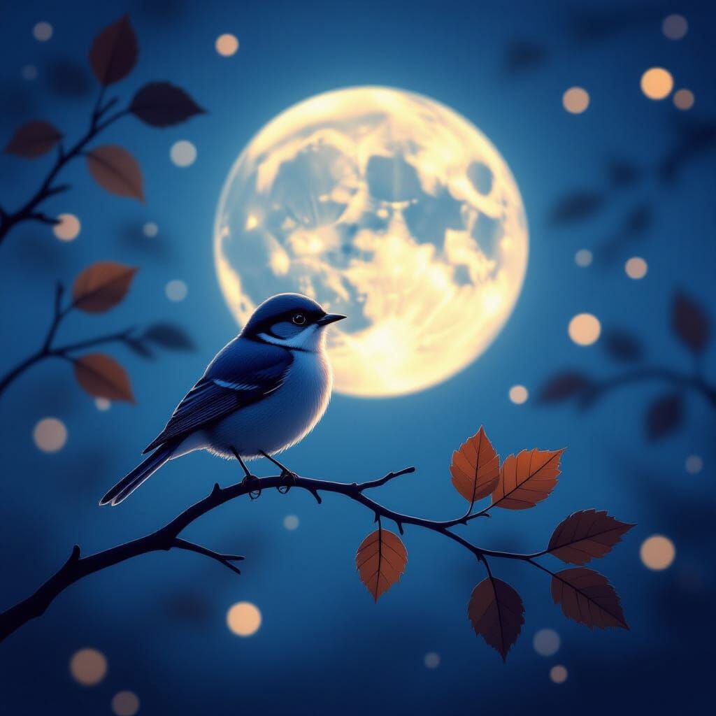 Bird on Branch Under Moonlight in Ethereal Style