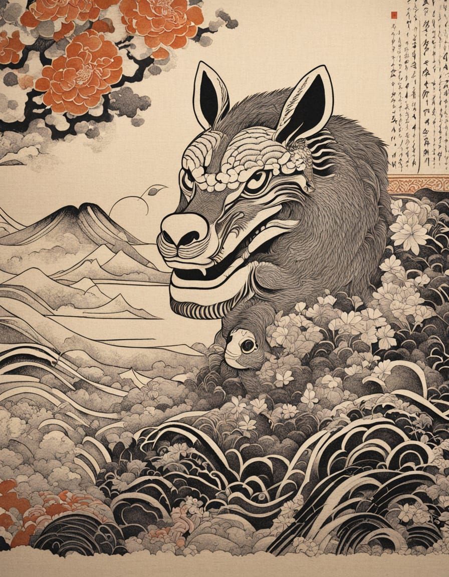 Whimsical Japanese Animal Ink Sketch on Intricately Woven Ju...