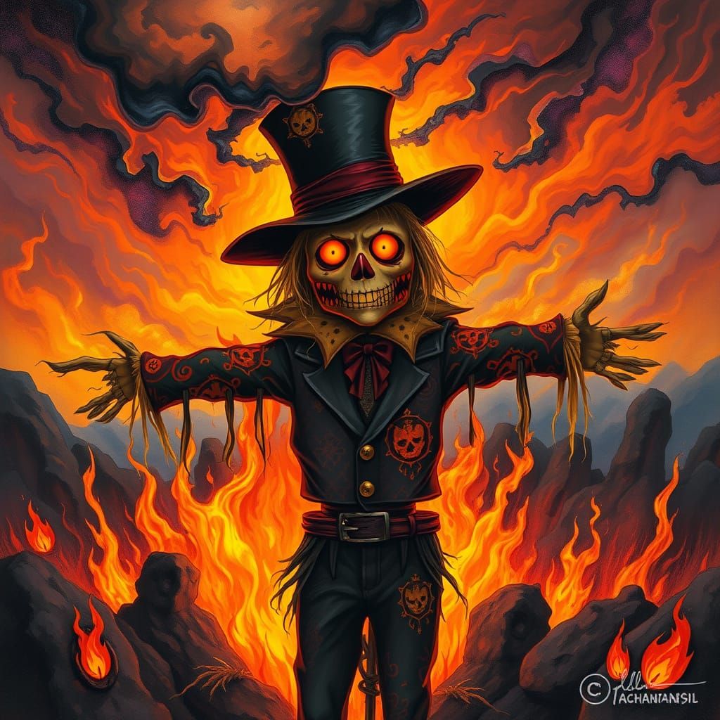 Psychedelic Scarecrow in Dreamlike Landscape