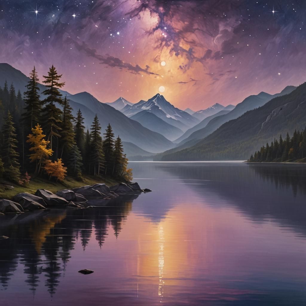 Mountain Lake Under Starry Night Sky