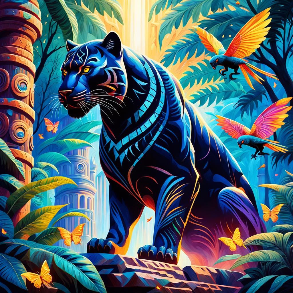 Black Panther Roaring in Surreal Mayan Jungle