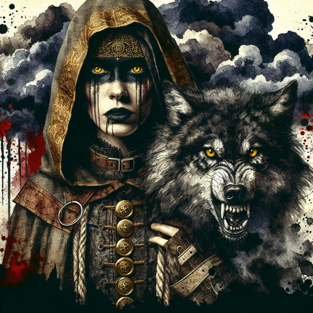 Warrior Woman Stands Defiantly with Undead Wolf in Stormy Bl...