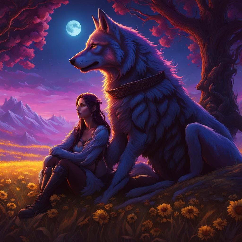 Girl and Wolf in Field, Dark Fantasy Art