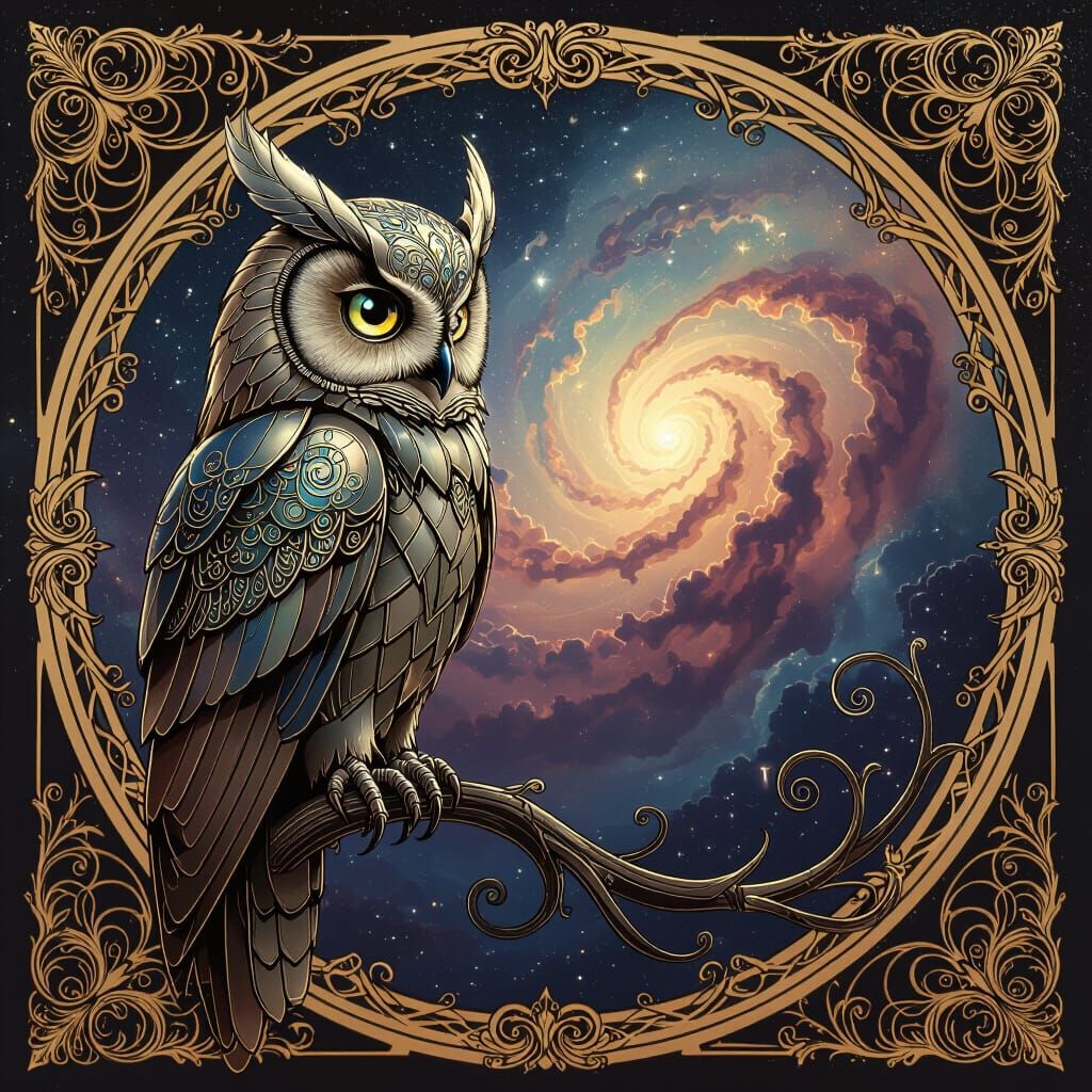 Art Nouveau Robotic Owl Gazing at Nebula