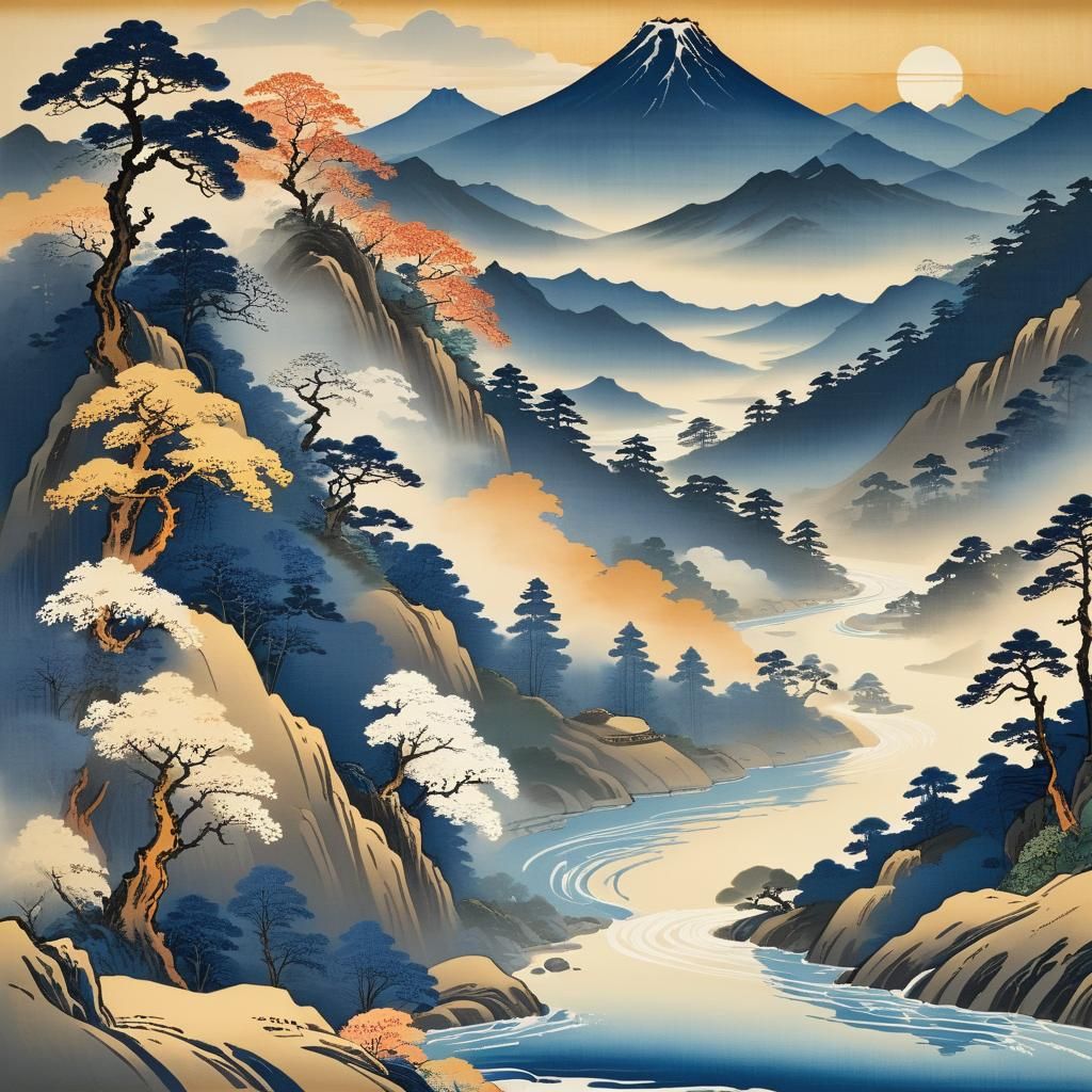 Ukiyo-e Mountain Landscape at Sunset