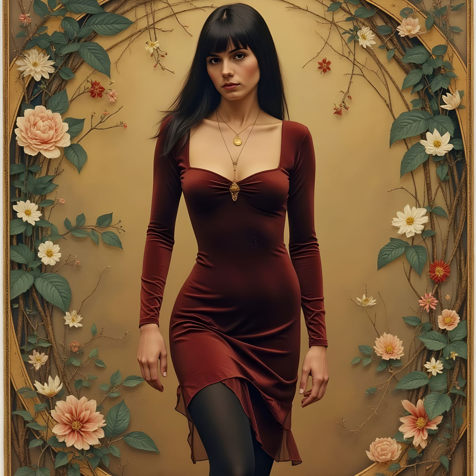 Woman in Velvet Dress RPPC Style Portrait