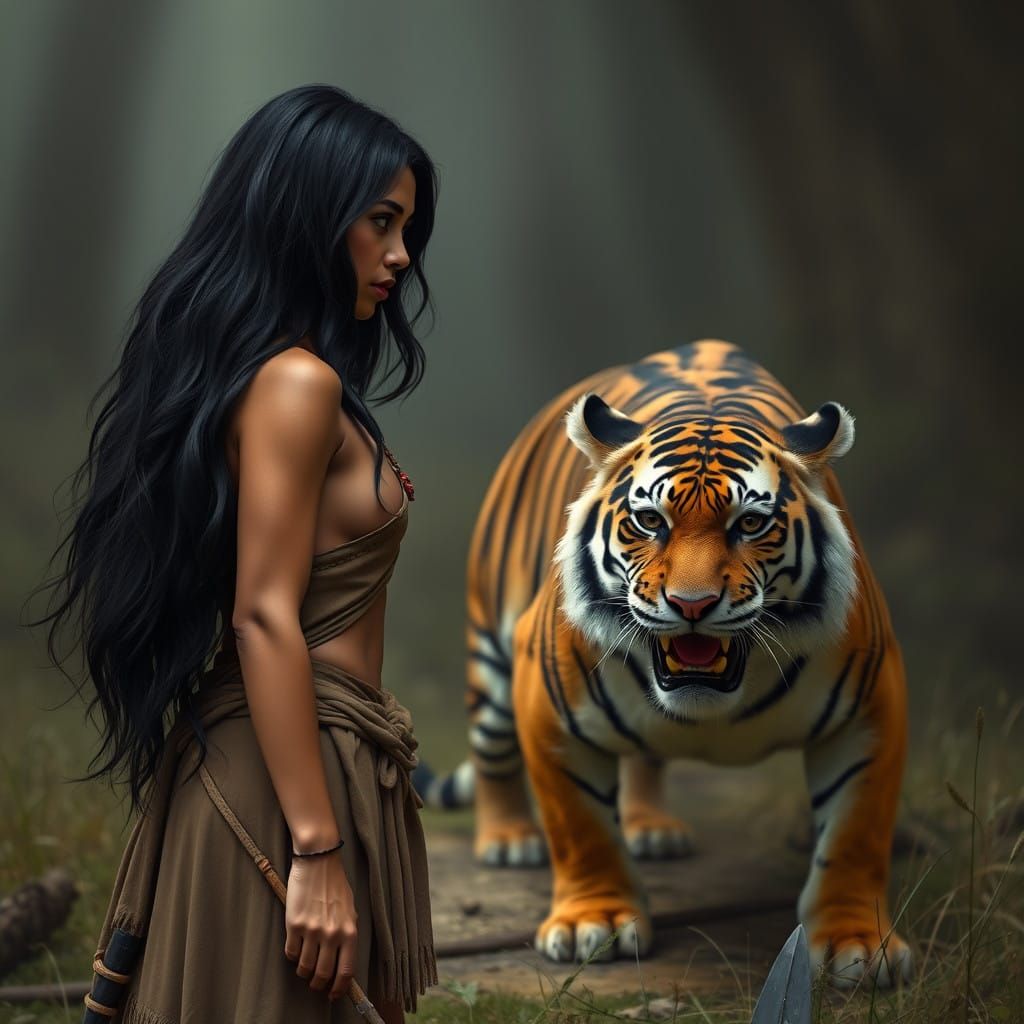 A Warrior Stands Firm Against a Crouching Tiger in Dramatic...