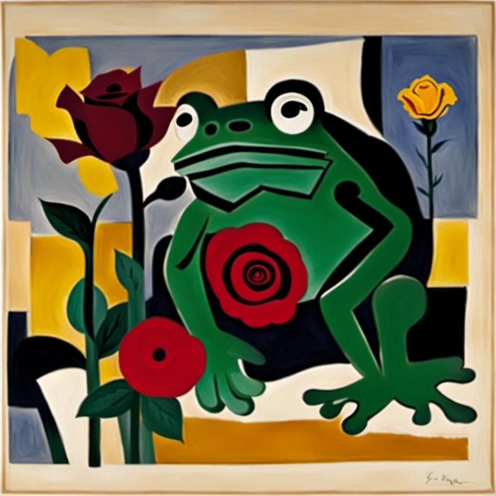 Red Rose and Anxious Frog in Cubist Style