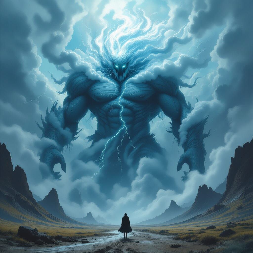 Storm Titan in Surreal Windswept Landscape
