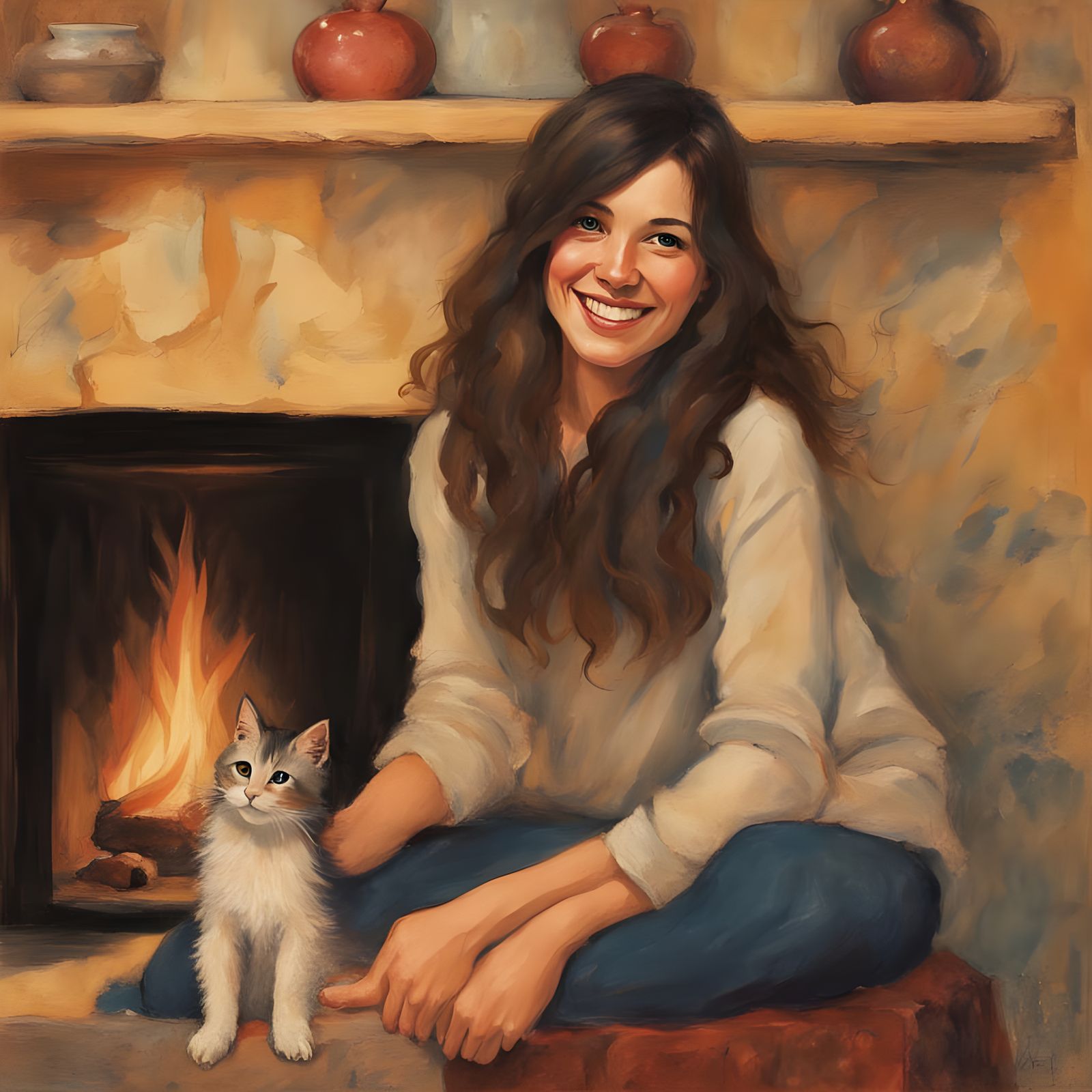 Young Woman Sitting on Fireplace Hearth in Cozy Atmosphere