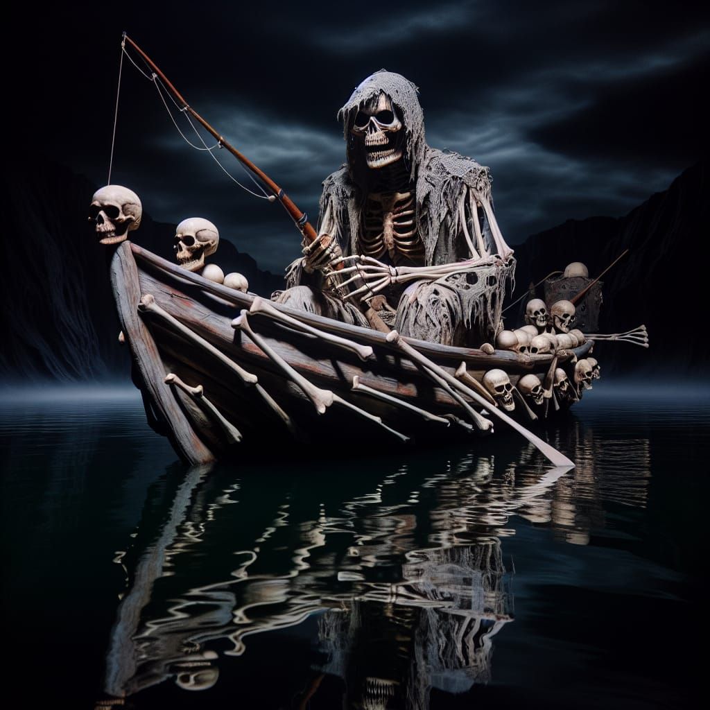 A terrifying boat made entirely of bones and skulls drifts o...