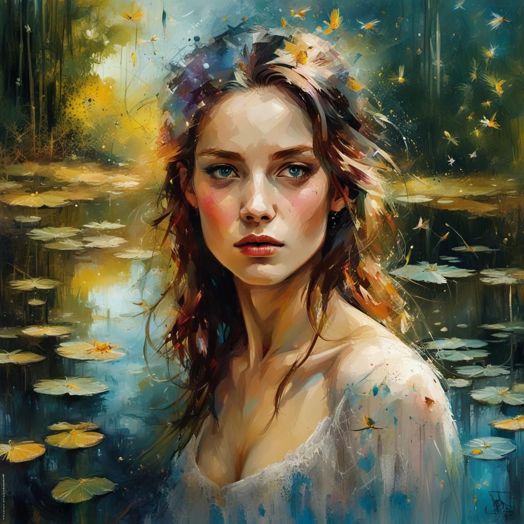Girl by Enchanted Pond with Fireflies