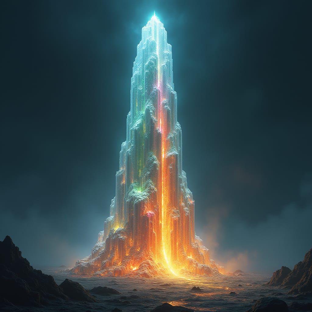 Iridescent Light Tower in Dark Landscape
