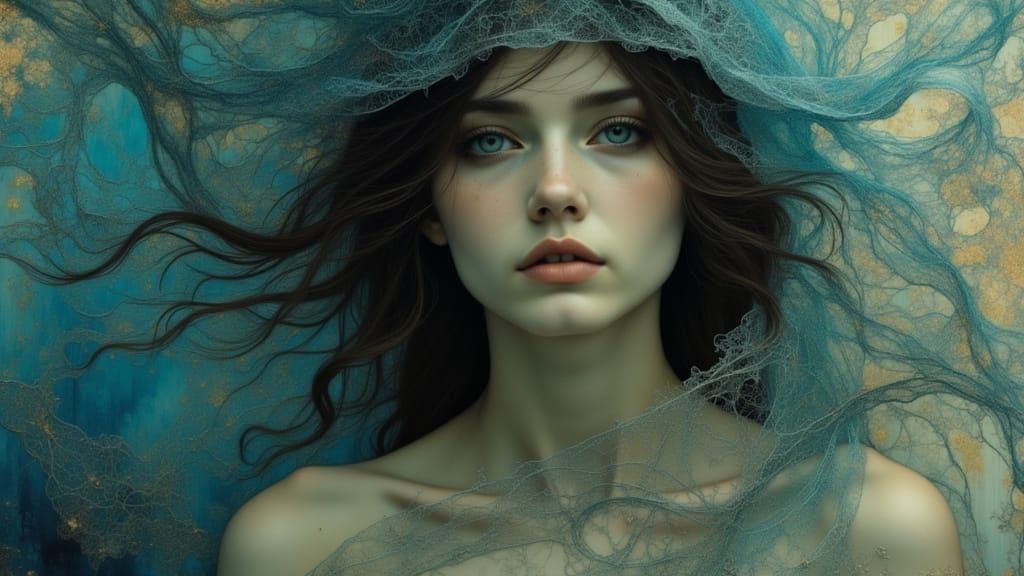 Ethereal Figure Veiled in Iridescent Fabric