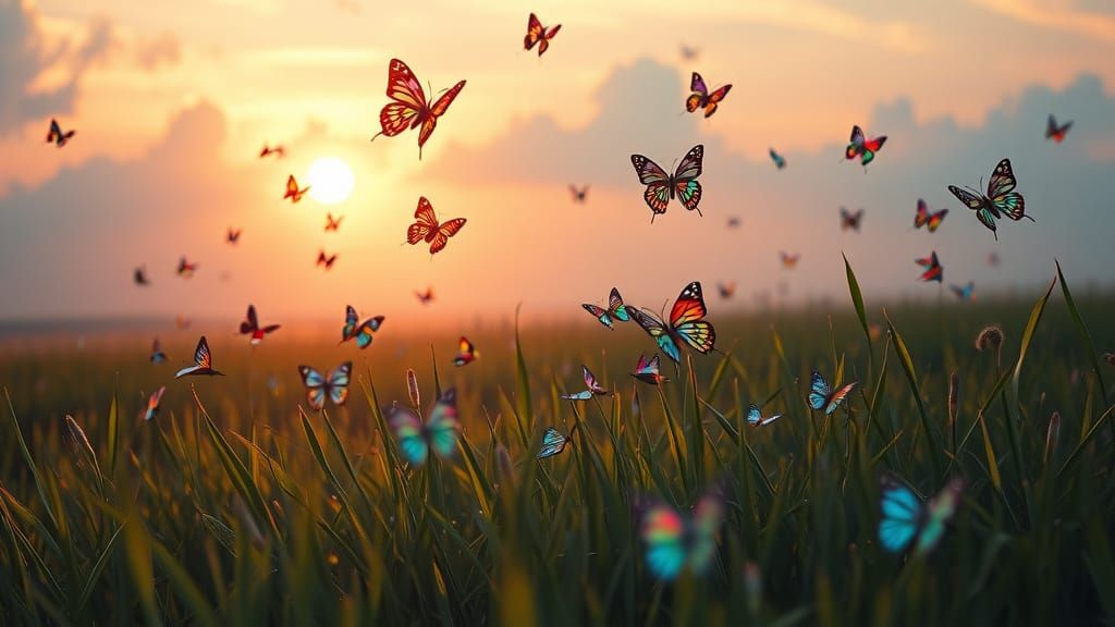 Twilight Meadow with Glowing Butterflies in Futuristic Lands...