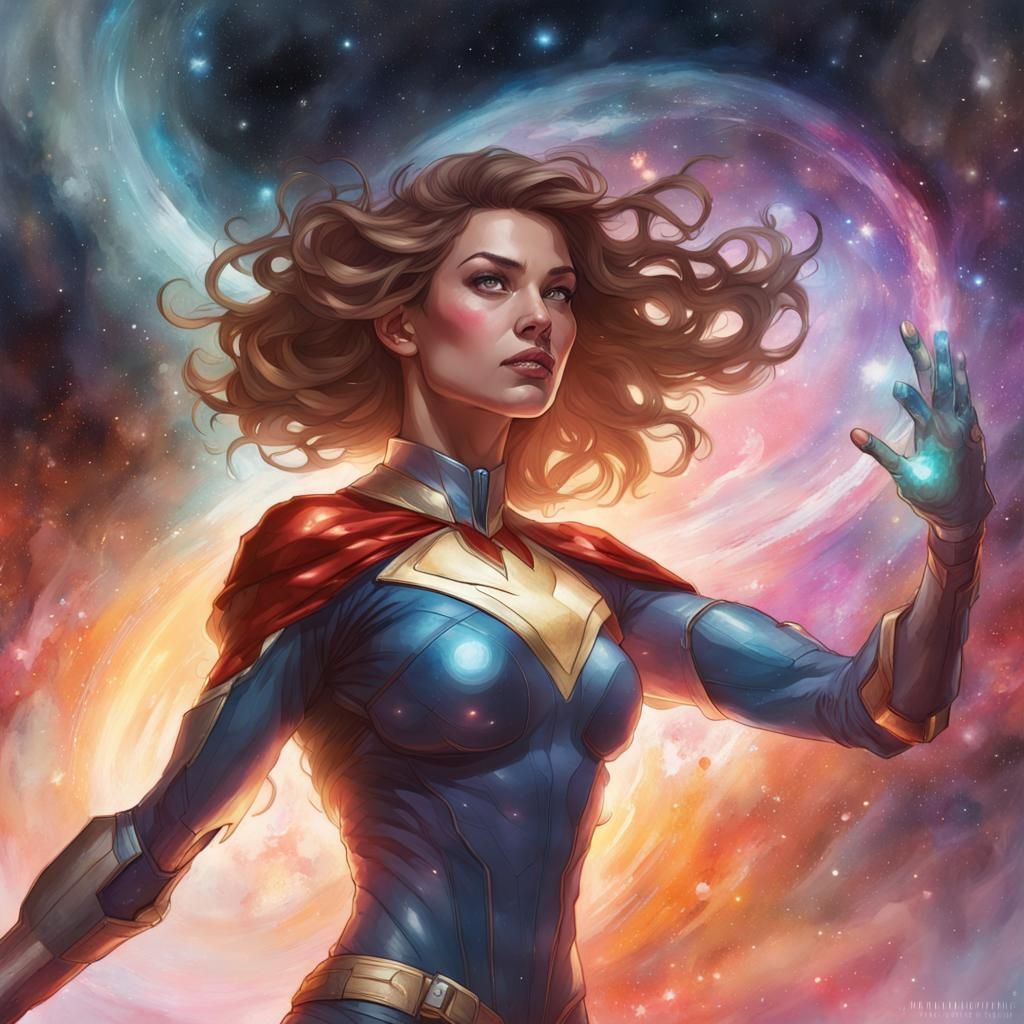 Superheroine Touches Energy Source in Space, Watercolor