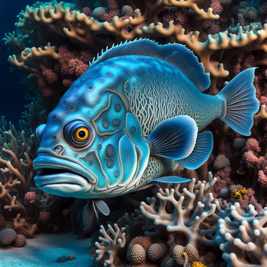 Steampunk Blue Groper in Underwater Fantasy Coral Reef