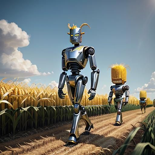 Surreal Metallic Farmer in Cornfield