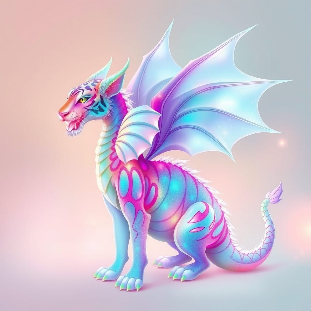 Majestic Fairy Dragon Tiger in Whimsical, Iridescent Splendo...