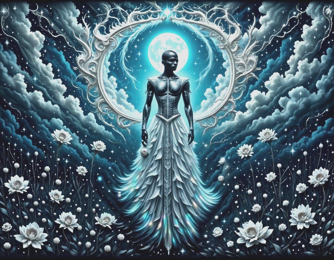 Gothic Ghost in Meadow Under Blue Moon