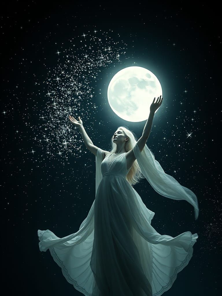 Moon Goddess Scattering Stars in Ethereal Night Sky